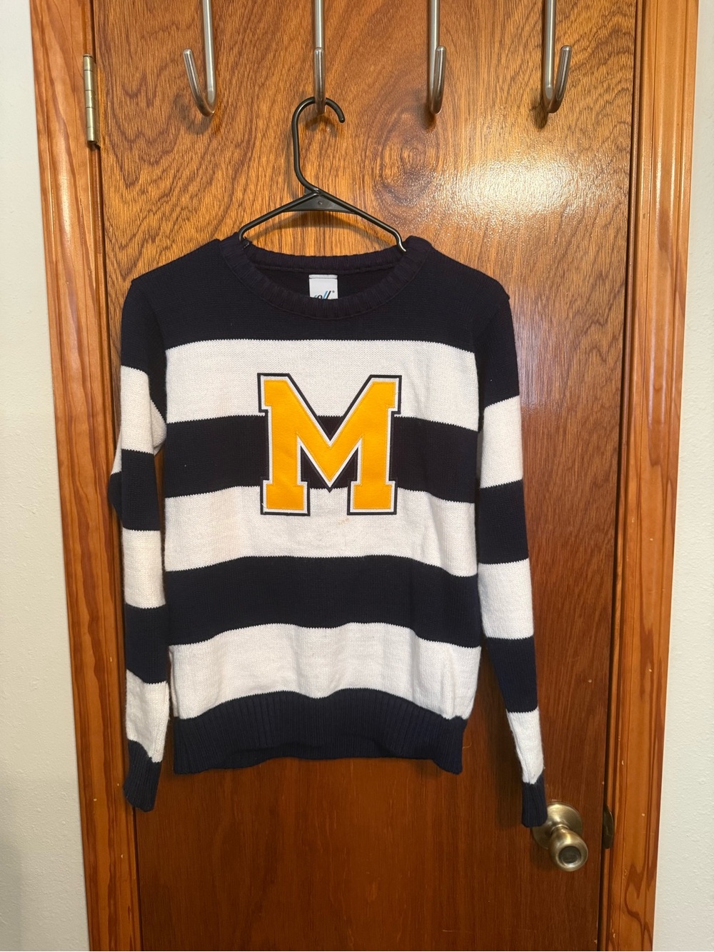 Varsity Navy, White & Yellow Striped Crewneck Sweater